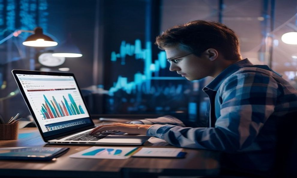 A person sitting at a desk, looking at a laptop with graphs and charts, focused, professional, financial trading