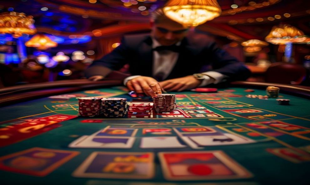 Live casino table with a dealer and cards
