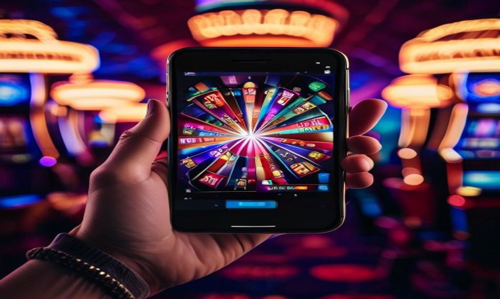A hand holding a smartphone displaying a virtual slot machine with spinning reels, vibrant colors, casino lights