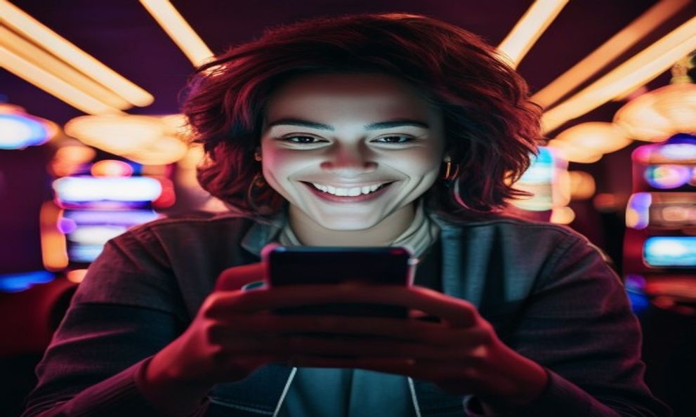 A smiling person looking at a phone with a casino interface, bright, celebratory, online gambling